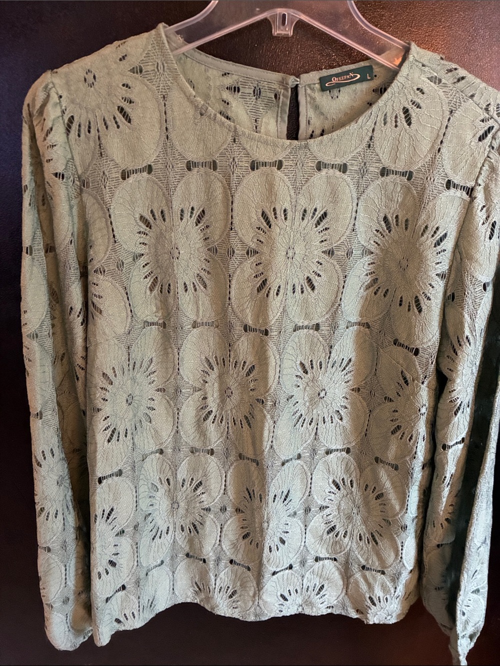 Olive/Sage Green Lace Cotton Blend  Long-Sleeve Top L